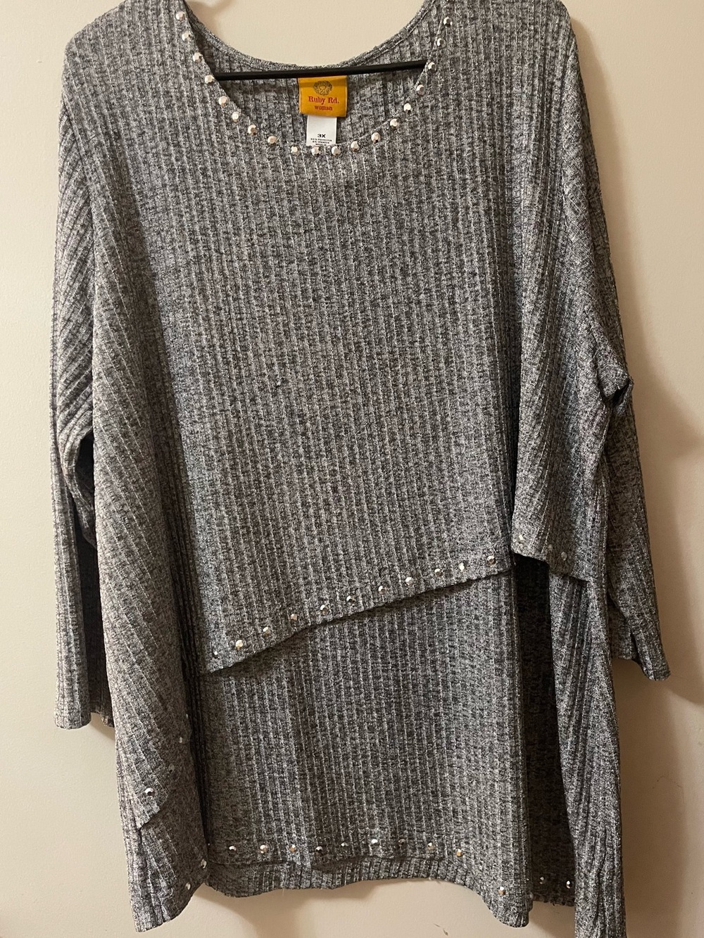 Ruby Rd. Gray Ribbed Crewneck Sweater with Rhinestone Trim